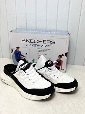 Skechers Contour Foam Sweet Embrace Cozy Fit White Black Quilted Slip-On Sneaker